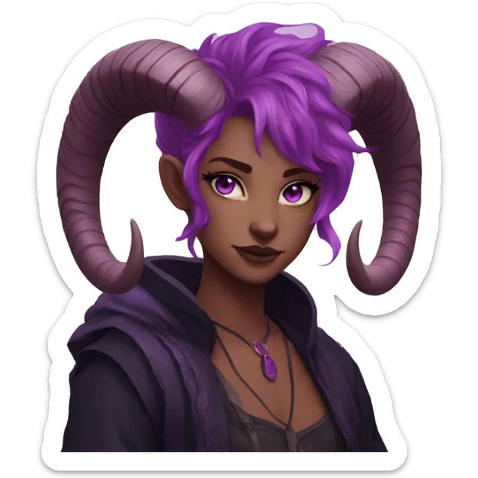 tiefling purple skin freckles  purple eyes black ram horns pink hair sticker