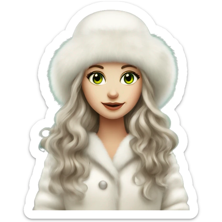 Beautiful Slavic girl with green eyes and brown wavy long hair wearing a white fur hat and white Mink fur coat sticker