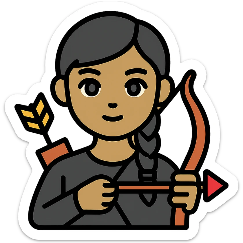 girl with olive skin, gray eyes, black hair in a side braid, wearing a black outfit, holding a bow and arrow sticker