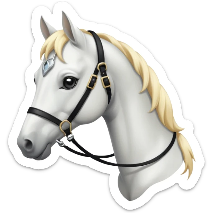 This is a cartoon-style image of a white horse with a light blond mane, wearing a black bridle, and shown in profile with a calm expression. sticker