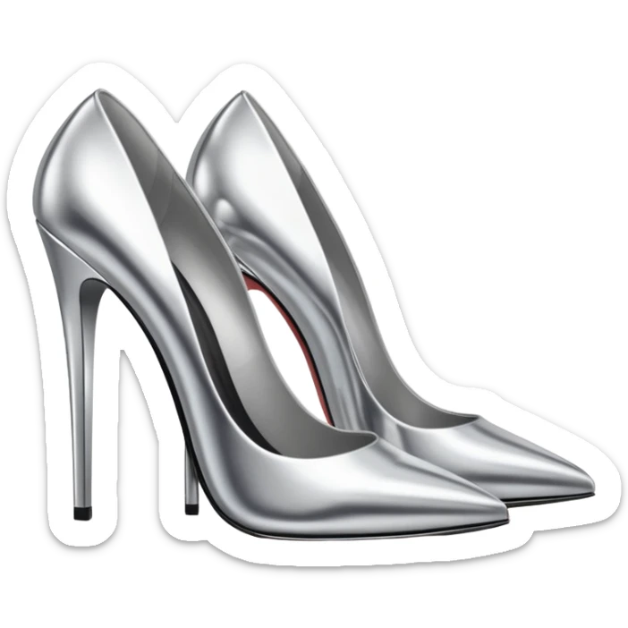 A pair of high heel shoes emoji made of polished silver chrome, elegant sharp silhouette, smooth metallic surface, glossy reflections, luxury sexy vibe, minimalistic iOS emoji style, centered, clean white background sticker