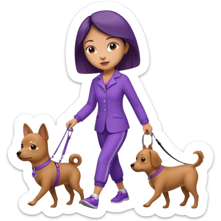 Chinese woman wearing purple outfit walking 1 small brown dog sticker