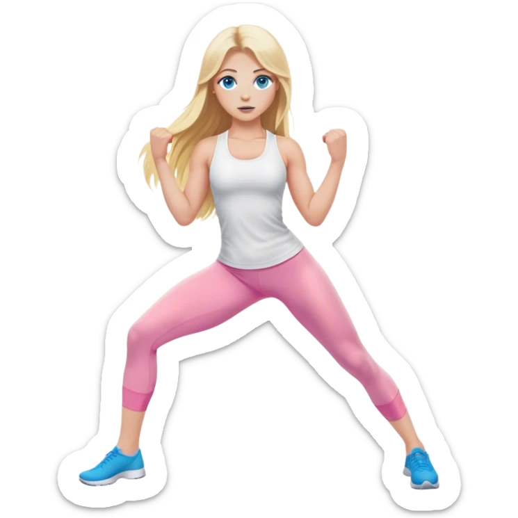 A cinematically realistic blonde with long hair and blue eyes, dressed in a white top and pink leggings, does a sports exercise called lunges sticker