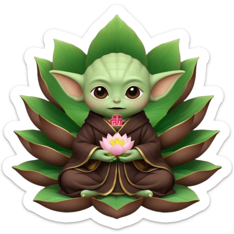 Baby Yoda con su tunica chocolate oscuro sentado dentro de una flor de loto estilo chino sticker
