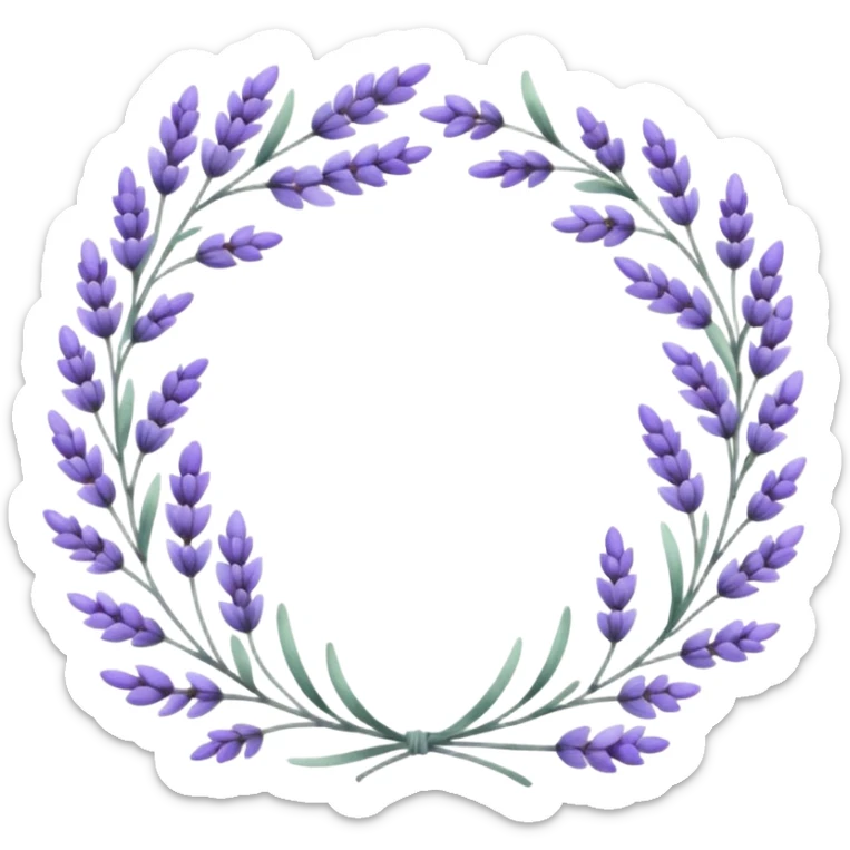 The art style is clean line art with delicate watercolor textures, pastel colors, and a dominant palette of lavender, soft lilac, and muted purple. A set of lavender wreaths, simple flower branches, and delicate frames to border text. sticker