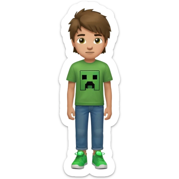 A 14 yerar old teenage boy, slightly tanned, wearing a green minecrcaft tshirt, blue jeans and green sneakers with brown tousled hair, smirking sticker