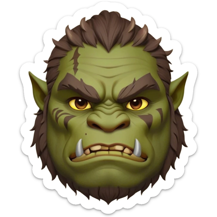 Cinematic Noble Ogre Portrait Emoji, Majestic and imposing, with a rugged, muscular form in deep earthy greens and browns, adorned with battle scars and subtle tribal markings, exuding calm, noble strength and unexpected wisdom, simplified yet strikingly detailed, glowing with a shadowy outline that captures the essence of a gentle giant with fierce heart! sticker
