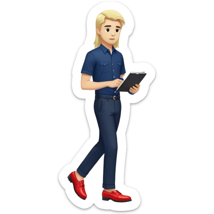 Guy with super long straight blonde hair wearing a short sleeve navy button up untucked black pants red shoes walking holding a notebook sticker