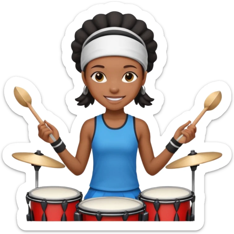 A black girl drummer with a sporty headband and clothes, tapping her drum rhythmically with a grin. sticker