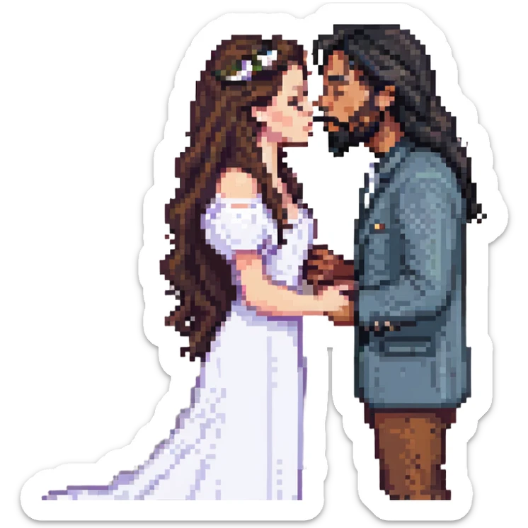 pixel art of a couple kissing with soft colors: white woman with long wavy dark brown hair and white man with long hair and black beard sticker