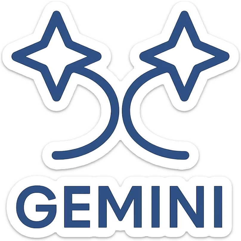 modern minimal logo of Gemini, abstract twin stars or dual shapes, blue and white color scheme sticker