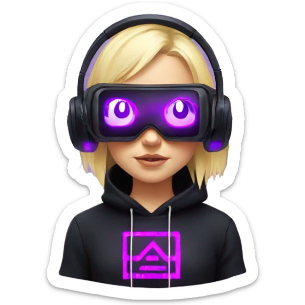 Russian cute blond girl wearing black hoody with violet letters "OMG", in vr headset. Cyberpunk style. Violet neon. sticker