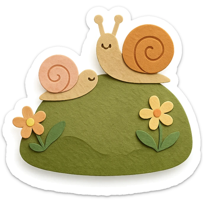 mossy rock with snails and small flowers in earthy pastel colors, paper craft style sticker