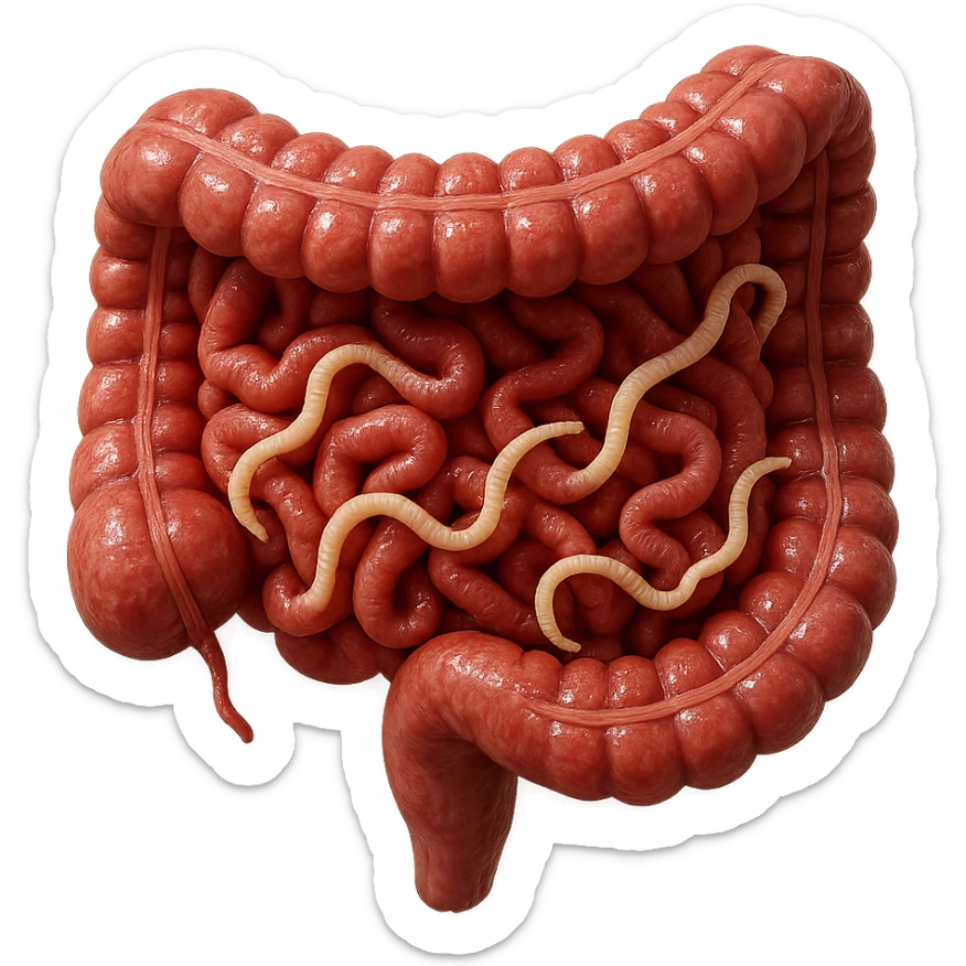 realistic 3D cross-section of human intestine with tapeworm parasites visible among folds, hyperrealistic details, glossy texture, 4K, isolated on white background sticker