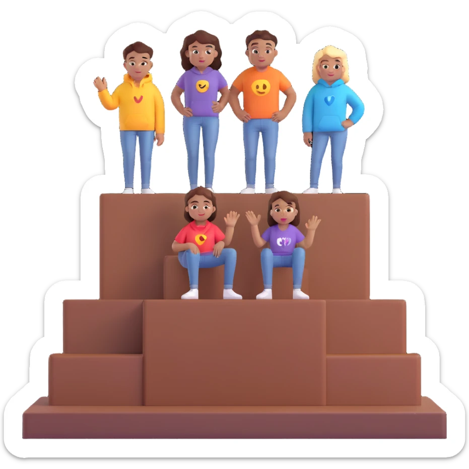 multi-racial people in colorful jeans, t-shirts, and hoodies on a brown winners’ podium with the middle step higher, no numbers, excited fun expressive 3D emoji style sticker