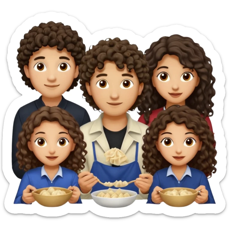 Can you create an emoji of three 23 year olds eating dumplings. One boy with wavy curly hair one Jewish girl with long dark brown curly hair and one half Indian / half white girl with mid length dark brown hair. All brown eyes sticker