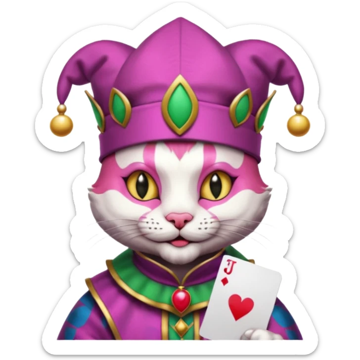 court jester cat medieval, single poker card joker clearly visible, pink, face only, round badge, court jester cap sticker