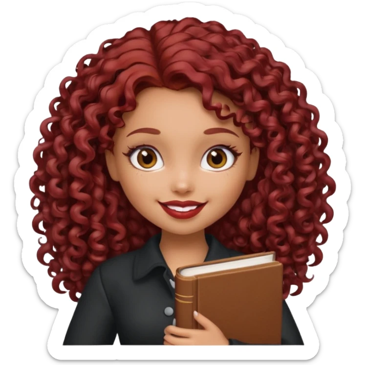 generate a pretty bratz girl curly dark red hair, brown lipstick on, smiling. Book in hand sticker