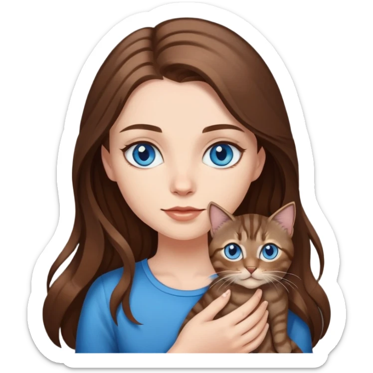 White girl with blue eyes and long brown hair, holding a small dark tabby cat sticker