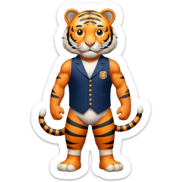 crea un tigre de cuerpo completo, que lleve un chaleco color azul marino y que en el chaleco lleve el nombre (telamon) sticker