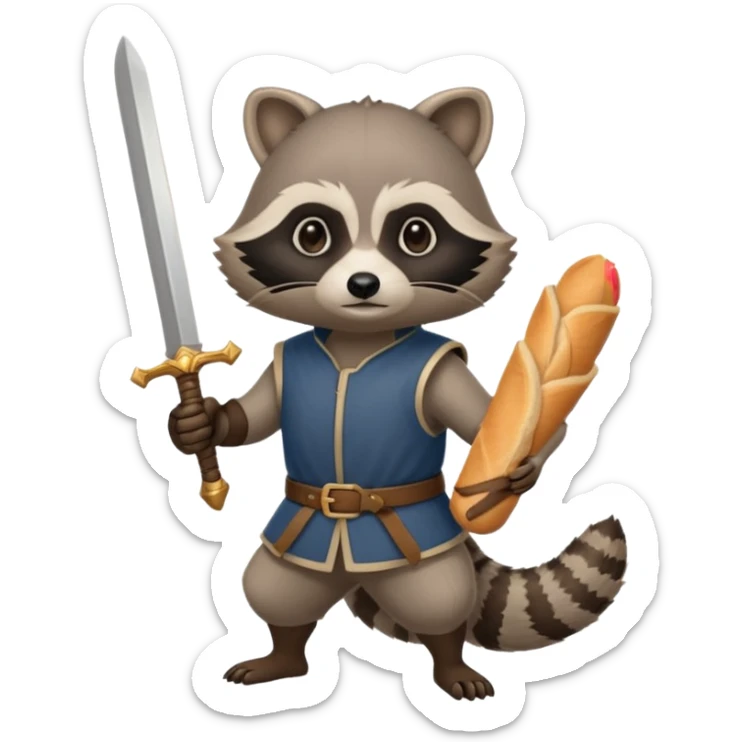 Raccoon rise of castles game theme. French. Holding a baguette as a sword sticker