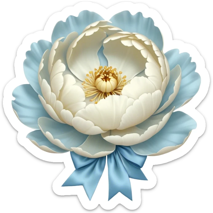A single oversized peony in the softest shade of ivory sits in the center of a pearl-white canvas, its velvety petals unfolding like a quiet whisper. Wrapped around its stem is a wide, silk bow in a misty blue hue, its fabric pooling slightly onto the surface. The background’s subtle texture reflects light in a way that enhances the depth of the petals, creating an ethereal, almost weightless atmosphere. sticker