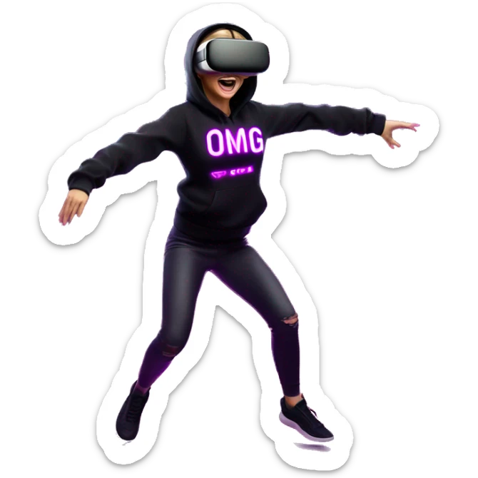 Russian girl wearing black hoody with violet letters "OMG", in vr headset oculus quest2. jumping. Cyberpunk style. Violet neon. sticker