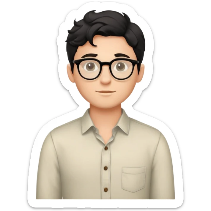 Young caucasian man with black wavy hair, round glasses, torso only, wearing relaxed buttoned-up shirt without a tie sticker