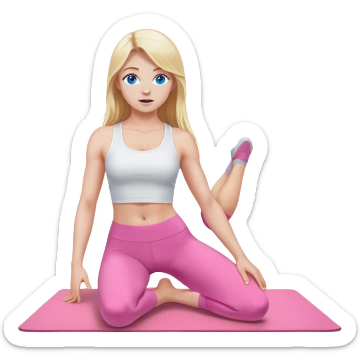 A cinematically realistic blonde with long hair and blue eyes, dressed in a white top and pink leggings, performs a realistic athletic exercise on a mat. sticker