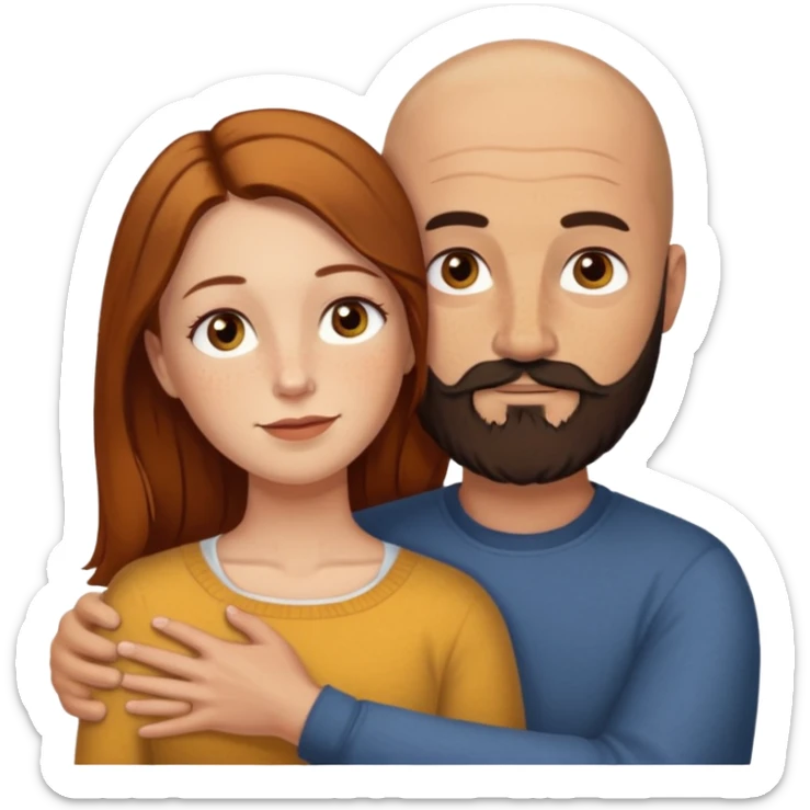 Couple. Bald man with dark brown-black beard. White woman with many small, faded freckles, she has white skin and she has auburn-yellow-brown-cinnamon, dark long hair. She has light brown eyes. The man have hazel eyes. Retro style. They hug. sticker