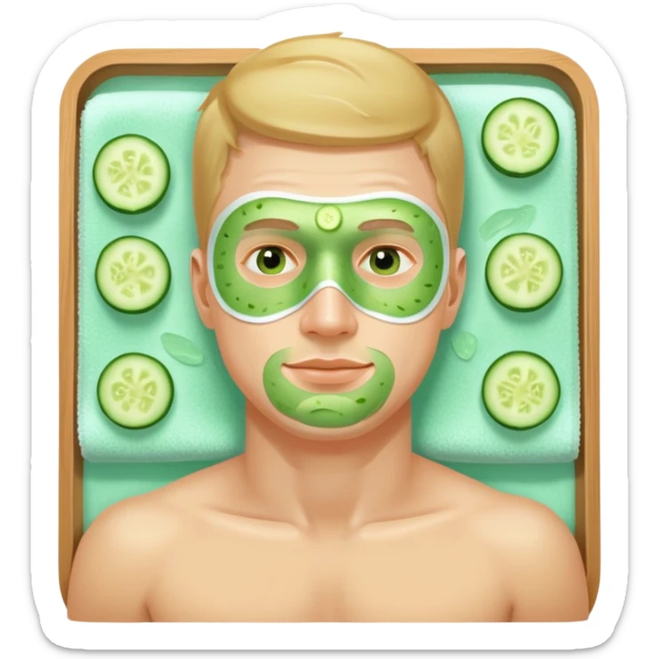 white man with green facial mask and cucumber slices on eyes, relaxing at a spa sticker