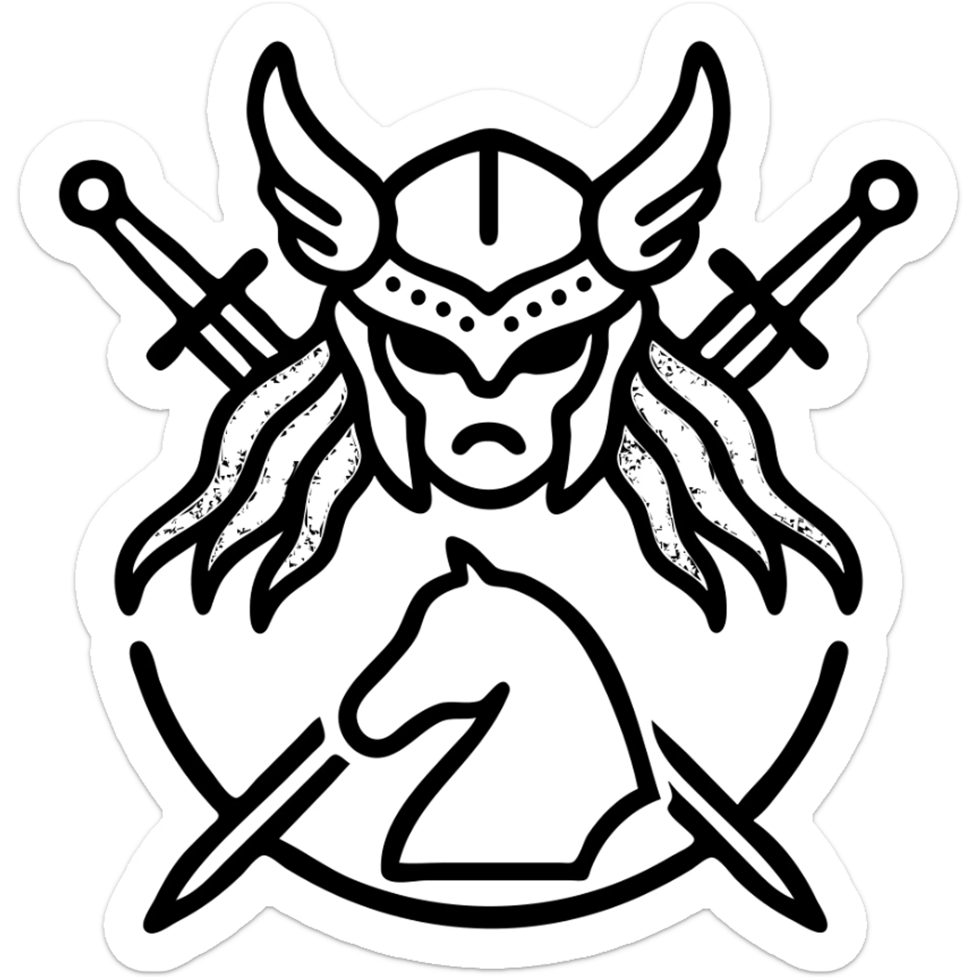 minimalist icon of Starscourge Radahn, red hair, helmet, two swords crossed, horse silhouette, fantasy boss symbol sticker