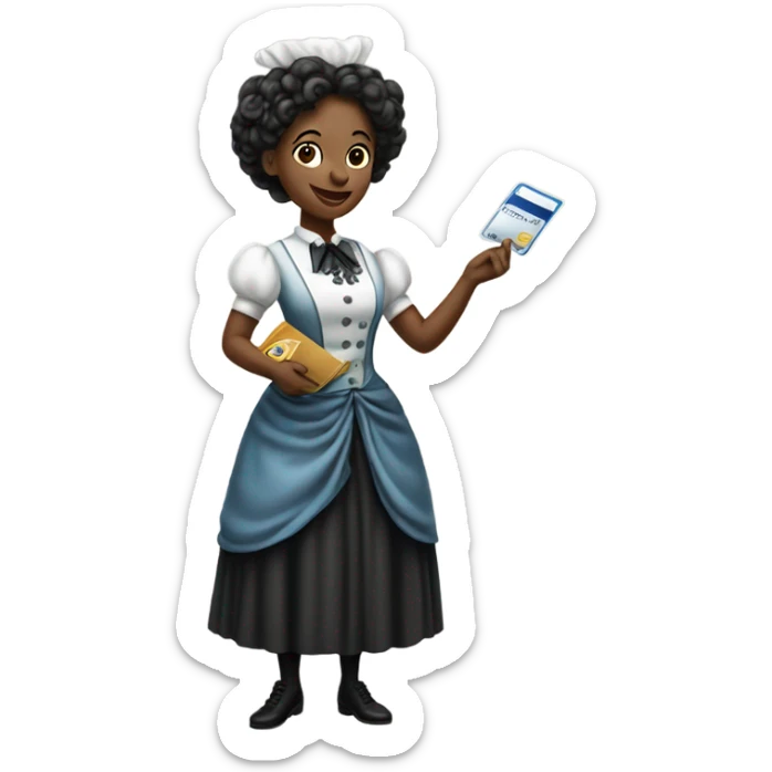 galora waitress in Victorian dress elegant, full body, holding big credit card sticker