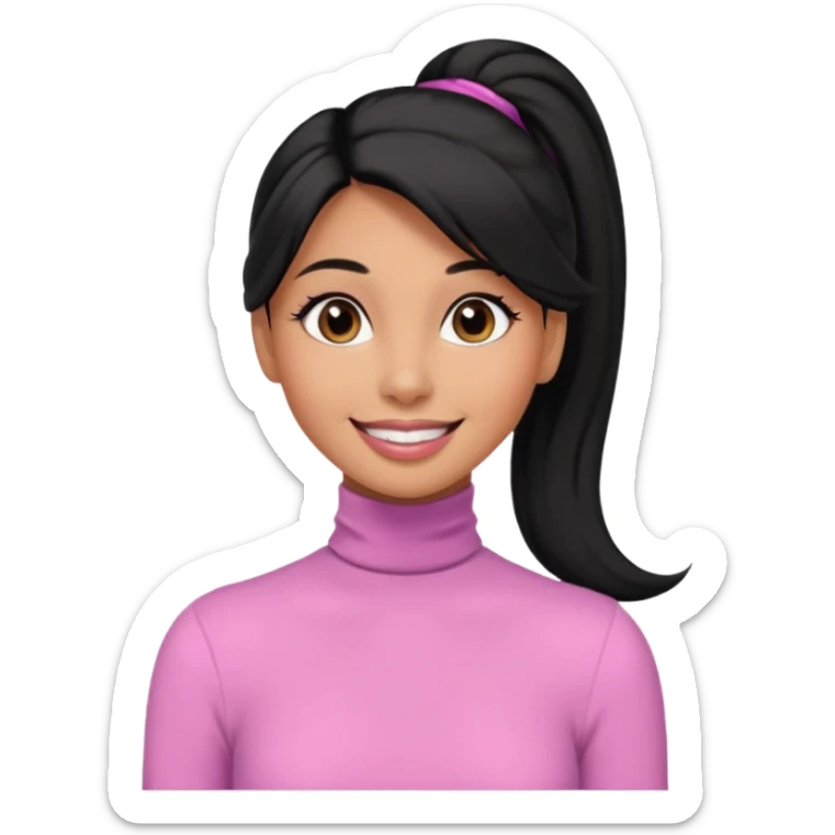 a woman with long sleeve turtle neck top and smile, her hair is long black pony tail, her eyes color are black and the color of her lip is soft pink sticker