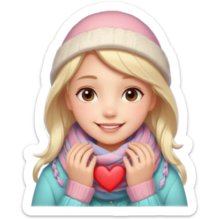 A cute, warm Christmas emoji-style illustration for a romantic A cozy winter atmosphere, soft pastel colors, gentle lighting. A sweet smiling girl with a warm scarf, glowing Christmas lights, snowflakes, and a small heart symbol. clean lines, closeness, and affection.
 sticker