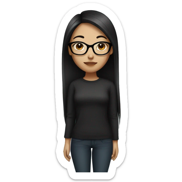 asian girl with dark skin tone, black long straight hair and wearing black rounded thin glasses sticker