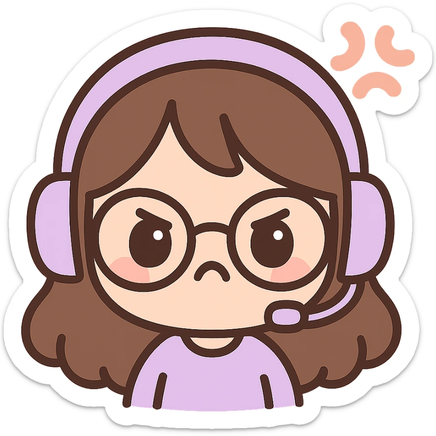 chibi style female brunette with glasses and a purple gaming headset, angry facial expression sticker