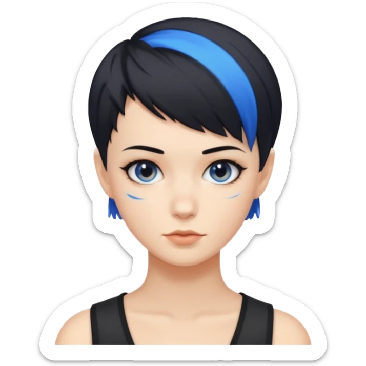 frau freche extreme schwarze Kurzhaarfrisur eine Seite wirklich fast keine Haare andere Seite mit blauer Strähne sticker