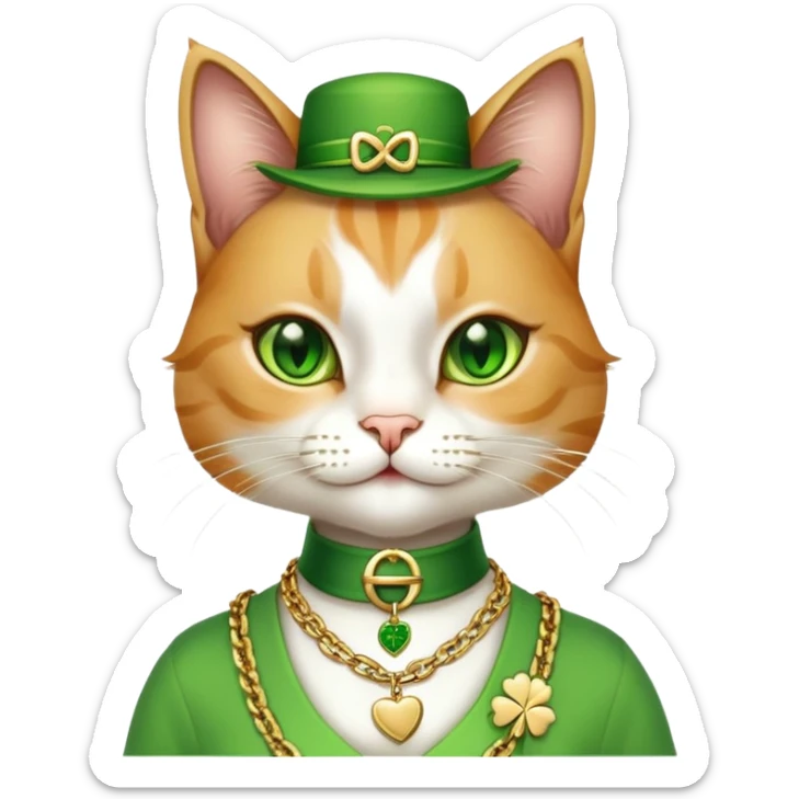 female cat dressed in hip-hop Run DMC style, green outfit, shamrock accessories, gold chains, bling, St. Patrick's Day sticker