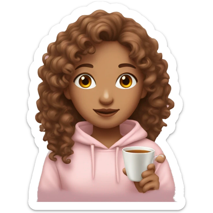 cute brown curlyhaired girl in light pink hoodie with cup of tea sticker