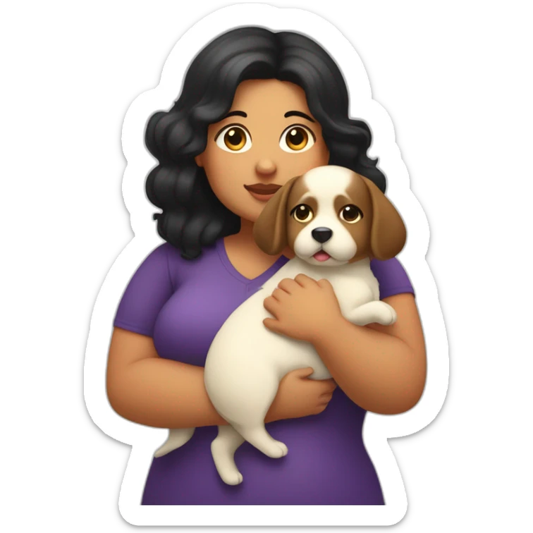 chubby fat fair girl with extra wavy black hairs holding dog in her arms sticker