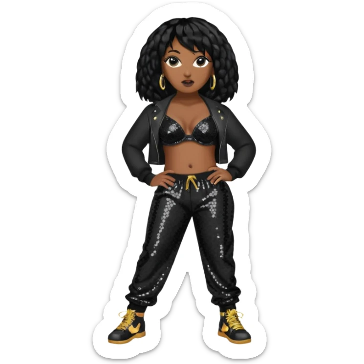 Missy Elliott with black hair, black sequin bra, black sequin baggy pants sticker