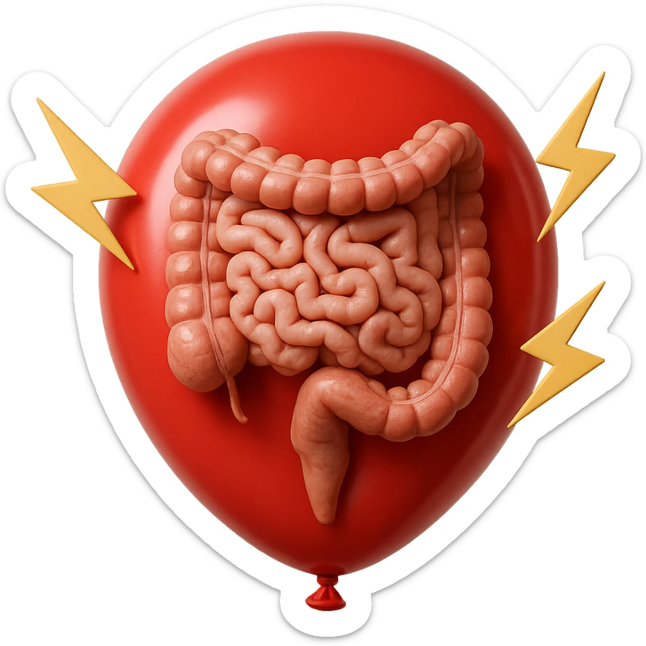 intestino umano anatomico chiuso in un palloncino rosso che simboleggia gonfiore, accanto simboli di fulmini e che simboleggiano "dolore", iperrealistico 4k sticker