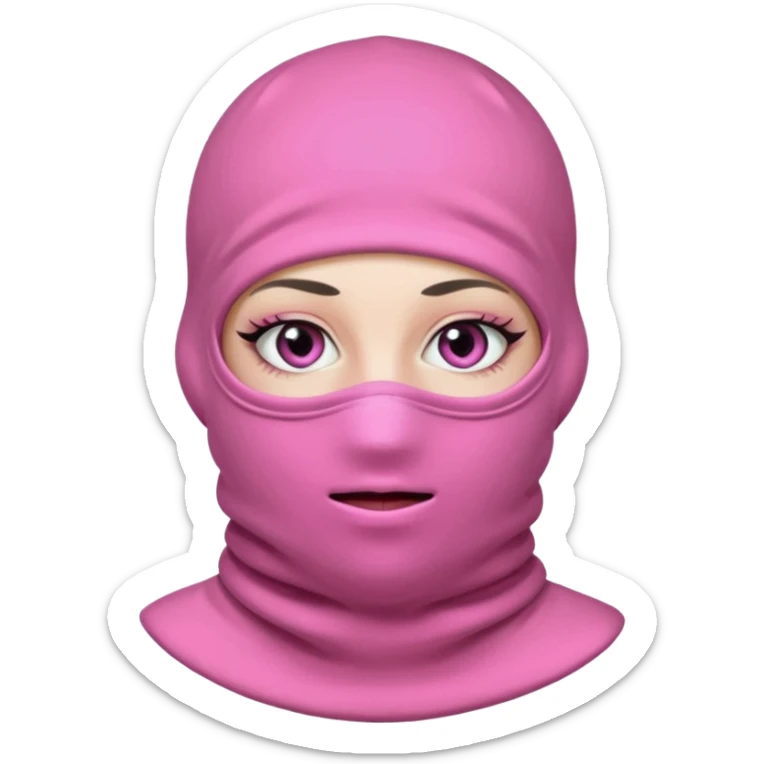 baggy stylish 3 hole balaclava pink in colour with girly eyes showing through the eye holes of the balaclava with beautiful eyelashes on  sticker