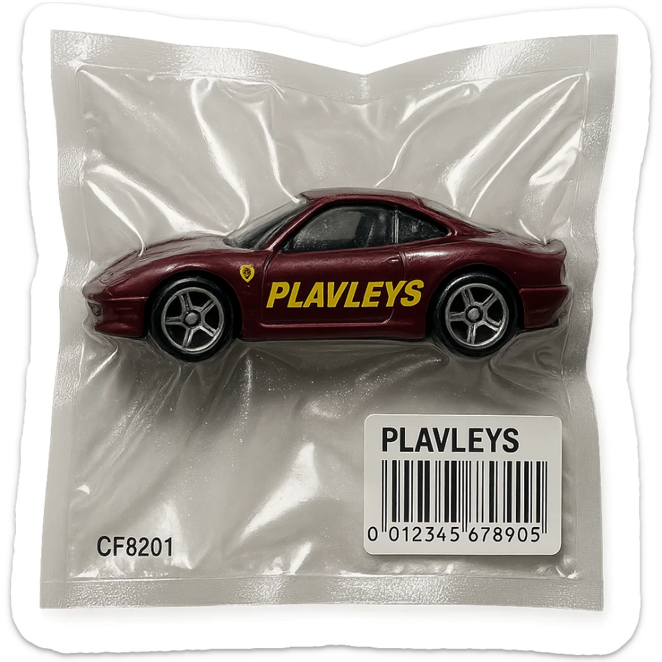 burgundy Hot Wheels toy car Ferrari with the word 'PLAVLEYS' written on the side, glossy and puffy, vacuum-sealed style sticker
