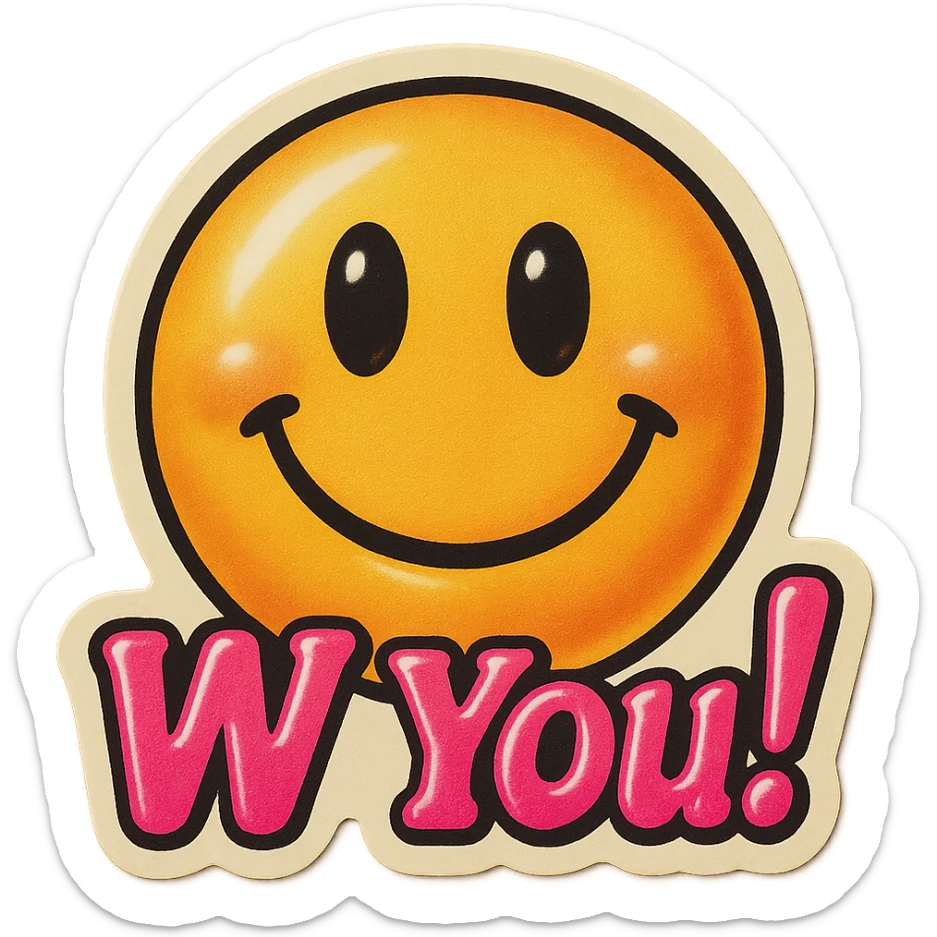 excited smile with mouth closed 
add the words W You! in pink sticker