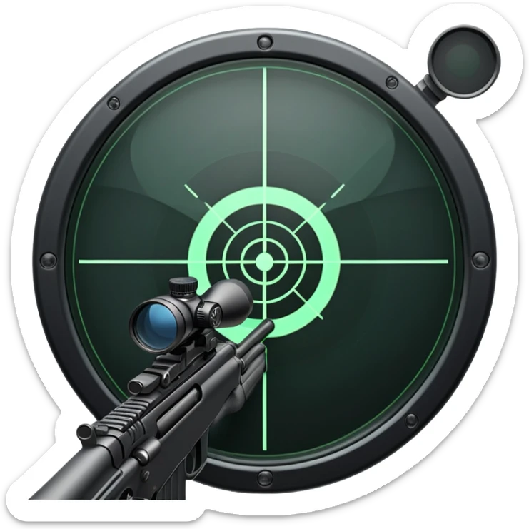 An icon showing a close-up view of a rifle's crosshair, symbolizing FPS games. The design features a detailed scope with a focus on the target, emphasizing precision and action. The background is minimal, highlighting the intensity of first-person shooters. Transparent background. sticker