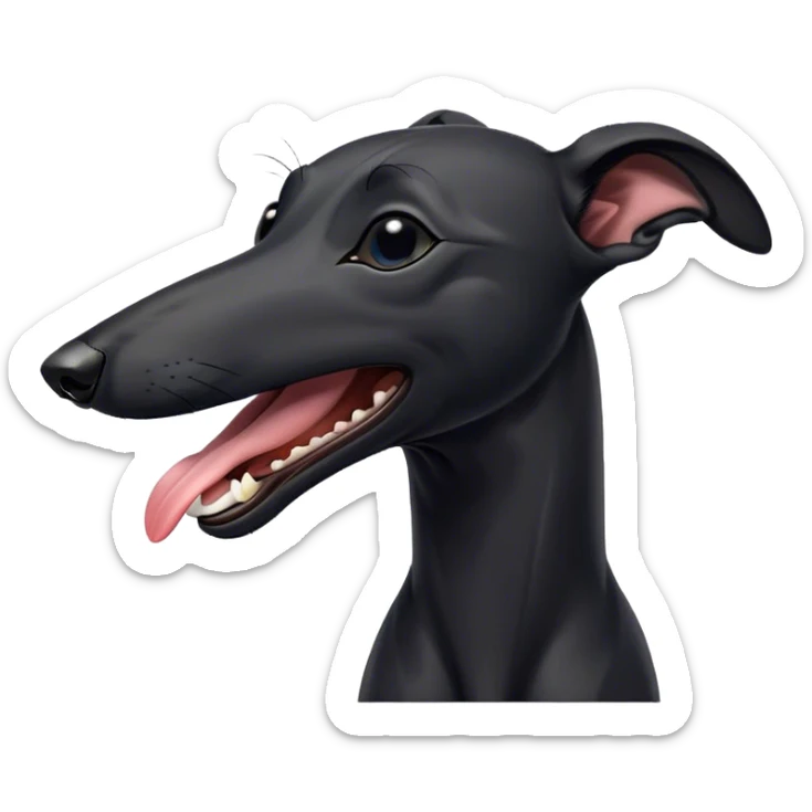 Cinematic Cute Yawning Black Greyhound Portrait Emoji, Head tilted slightly with a dramatic, wide-open yawn, showcasing a sleek black Fur with a polished finish, floppy ears slightly drooping, round dark eyes barely open in drowsy contentment, Simplified yet irresistibly adorable features, highly detailed, glowing with a soft, cozy glow, high shine, relaxed yet expressive, stylized with a touch of whimsy, bright and endearing, soft glowing outline, capturing the essence of a sleepy yet affectionate racer, so drowsy it feels like it could stretch out of the screen and curl up for a nap! sticker