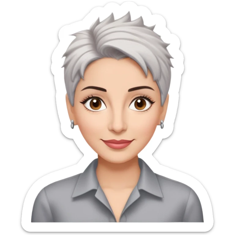 Puerto Rican actress Marian Pabón with elongated face, light pinkish skin, almond-shaped expressive eyes, straight nose, well-defined lips with wide smile, arched eyebrows, pronounced cheekbones, short spiky gray hair like a man's cut, wearing a white buttoned shirt sticker