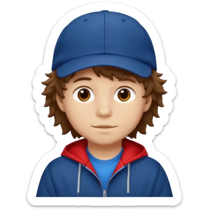 brown fluffy hair kid with blue and white cap dark blue jilet red t shirt sticker